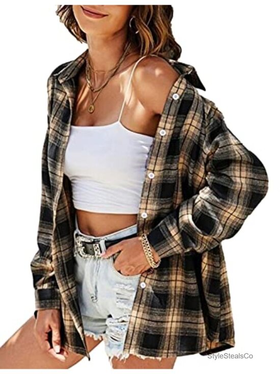 Tops - Oversized Flannel Button Down Shirt Women Long Sleeve Plaid